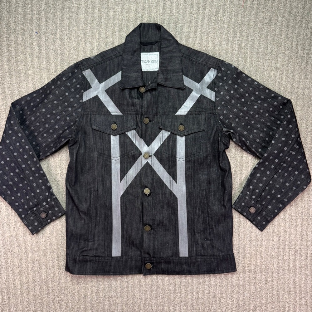 Jewel House Mens Black Denim Trucker Jacket Silver Graphic Streetwear Size M